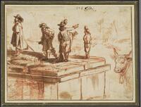 KT 2015 041
<br/>
Drie heren bekijken het Forum Romanum vanaf de triomfboog van Septimus Severus
<br/>
<em>Anoniem</em>